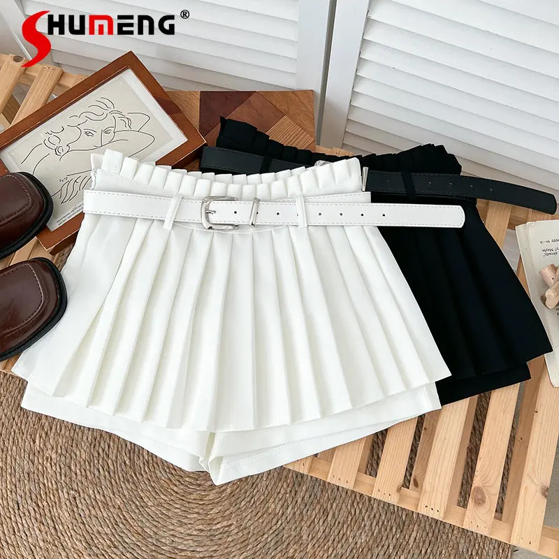 Casual Short Shorts Design Fashionable All-Match Wooden Ear High Waist Slimming A- Line Pleated Pants Skirt Hot Pants with Belt