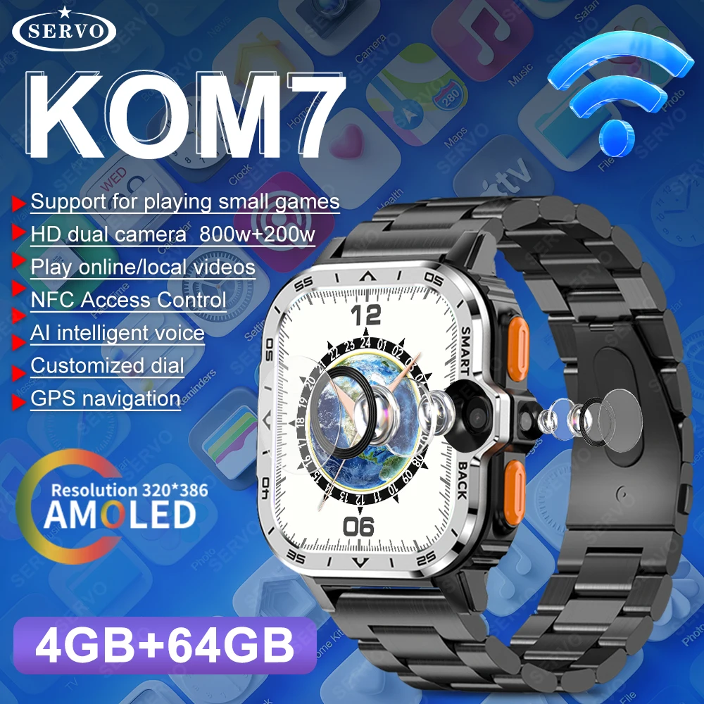 Men Women Smartwatch KOM7 Outdoor Upgrades 4G LTE Smart Watch 4GB+64GB 8MP Dual Cameras GPS WIFI Google Play SIM Card Sports