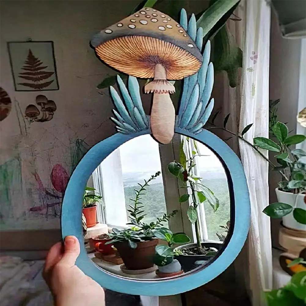 Great Mirror Round Wooden Mirror Unique Design Perfect Gift Hanging Decoration Retro Mushroom Forest Mirror