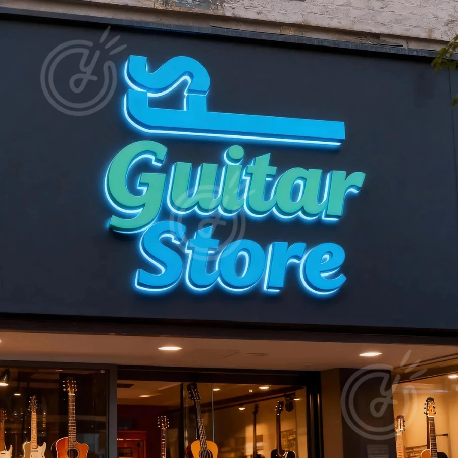 

3D металлический логотип с подсветкой, индивидуальный бизнес-вывеска: светодиодные вывески, аксессуары, декор для магазина гитары, домашний магазин, эстетическая вывеска для комнаты, свет