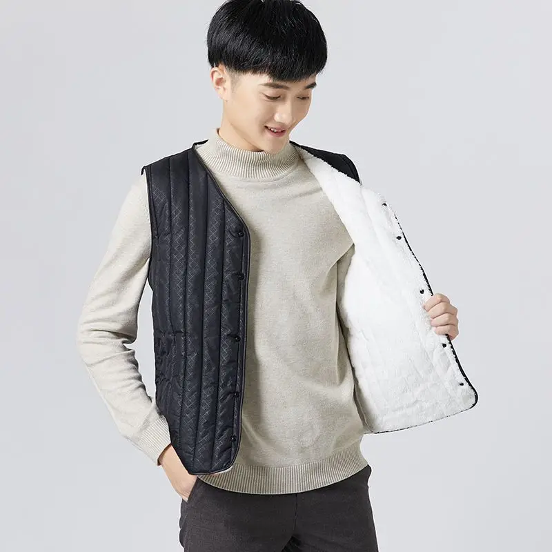 

Men's Winter Thickened Down Cotton Vest Korean Style Lamb Wool Lined Inner Vest Warm Cozy Ideal for Middle Aged Elderly