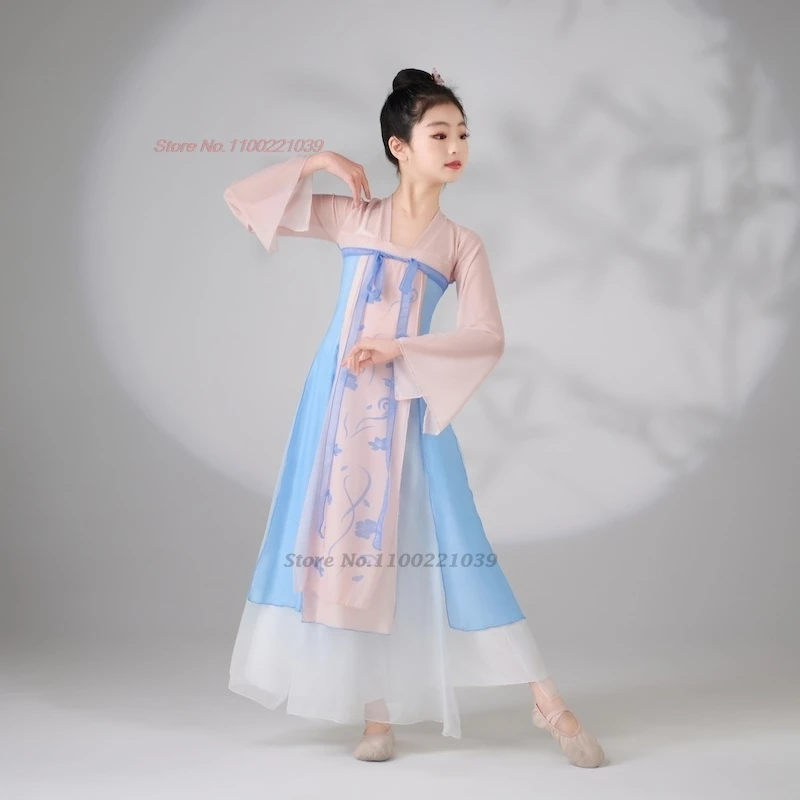 2025 traditionele chinese kinderen danskostuum vintage bloemenprint mesh hanfu tops + broek set toneelvoorstelling folk jurk