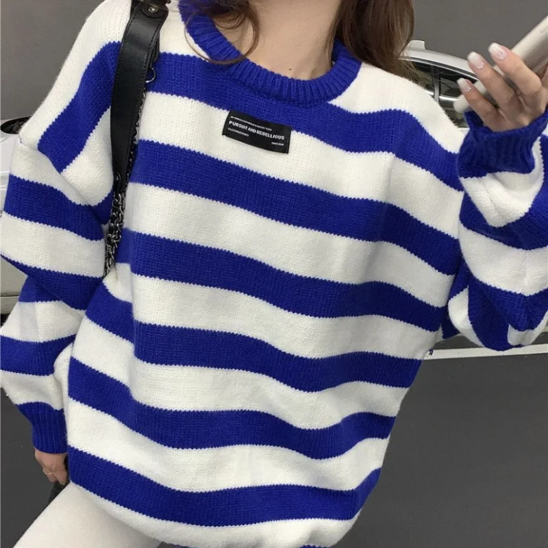 Striped Round Neck Knitted Pullover Sweater for Women's 2023 Autumn/winter New Korean Version Loose and Lazy Fashion Bottom Top