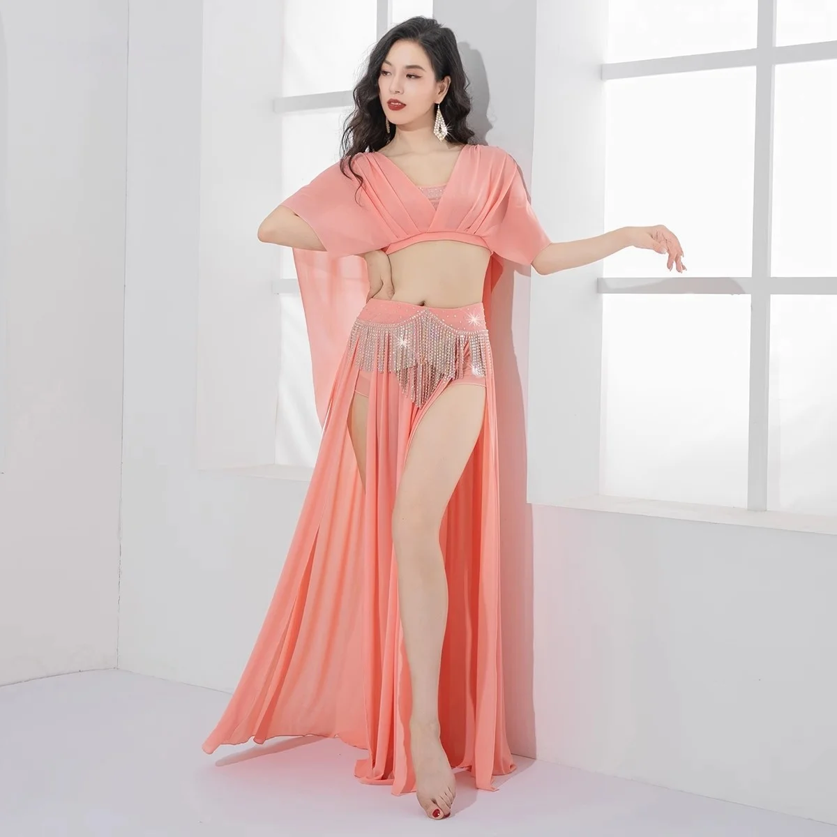 Elegant Women Oriental Dance Outfit Group Belly Dance Costume Drilling Hot Stretch Milk Silk Girls Training Set Long Skirt