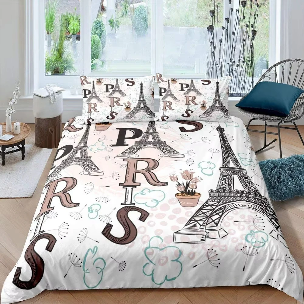 Eiffel Tower Duvet Cover France Paris Bedding Set Romantic City Building Comforter Cover for Girls Women Twin King Quilt Cover