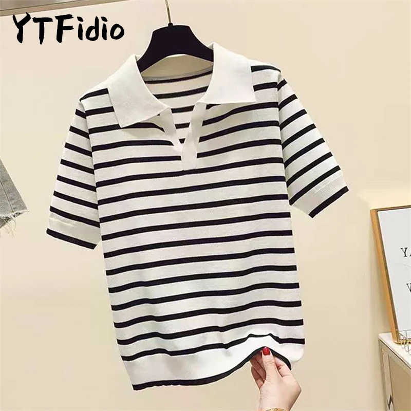 YTFidio 100% Cotton Women Polo Collar Stripe T-shirt Luxury Designer Clothing Plus Size Clearance Sale 140