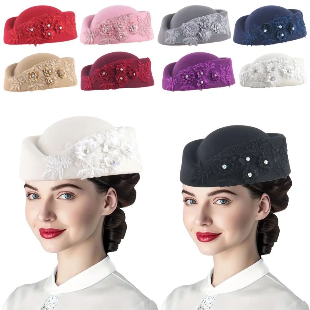 Vintage Britischer Stil Filz-Turban-Hüte Kirchen-Derby-Kappen mit Spitze 3D-Stickerei Weiche Baskenmützen Malerhüte für Damen Alltag