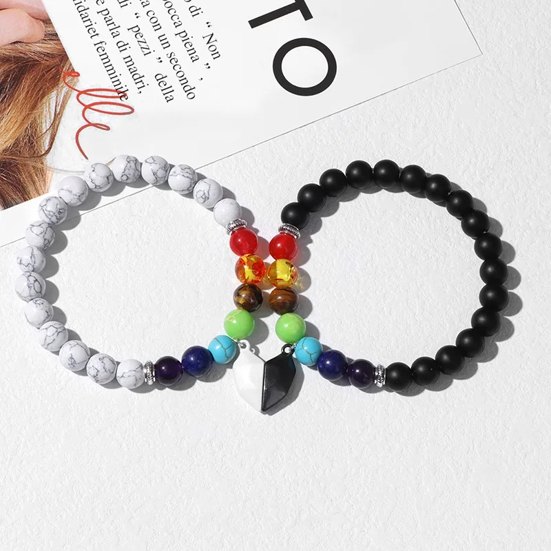2 stücke Reiki 7 Chakra Armband Paar Weiß Schwarz Lava Healing Balance Perlen Buddha Gebet Natürliche Stein Yoga Armband Für frauen