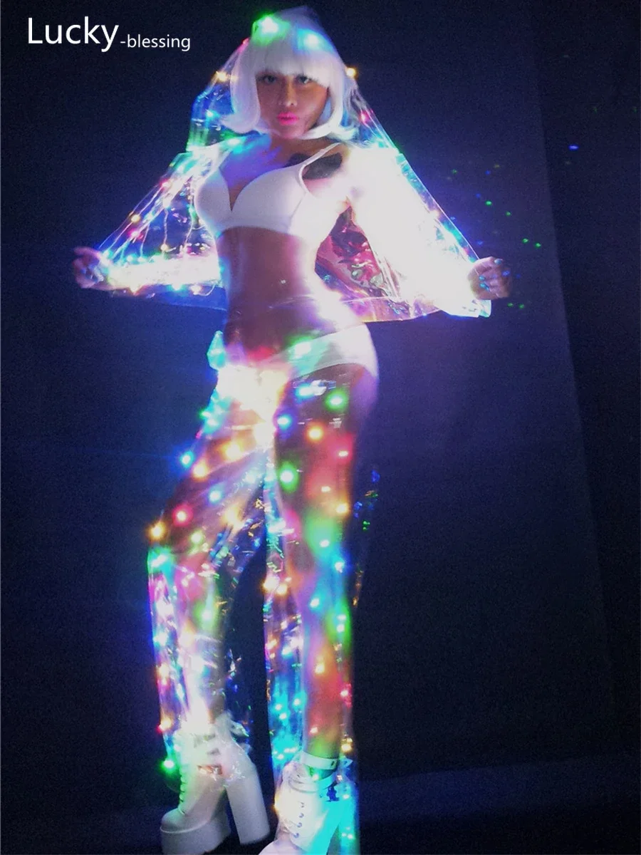 Rainbow Color LED Dance Costumes Adult Circus Led Light Luminous Clothes Party Show Led Jacket / Pants Women Party Light Up Suit