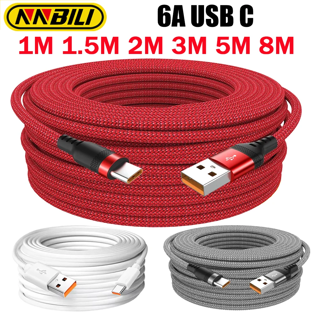 NNBILI USB Type C Extended 1-8M USB C 6A Super- Charging Cable Suitable For Huawei Xiaomi vivo OnePlus And POCO Phone Data Cable