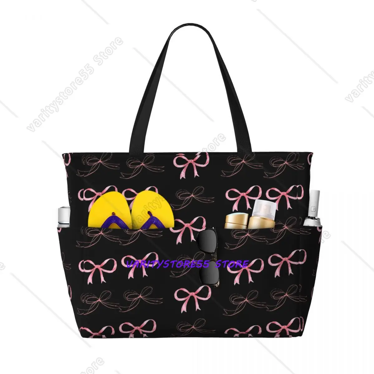 Pink Bow In Blackground Pattern Beach Tote Bag Sport Gym Yoga Duffle Large Tote Bag Women Travel Fitness