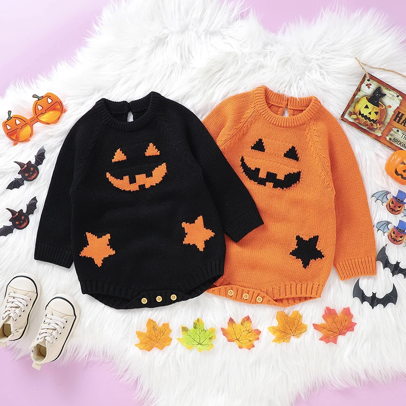 

Halloween Baby Bodysuits Clothes 0-18m Infant Boys Girls Orange Black Onesie Long Sleeve O Neck Knitting Newborn Netural Outfits