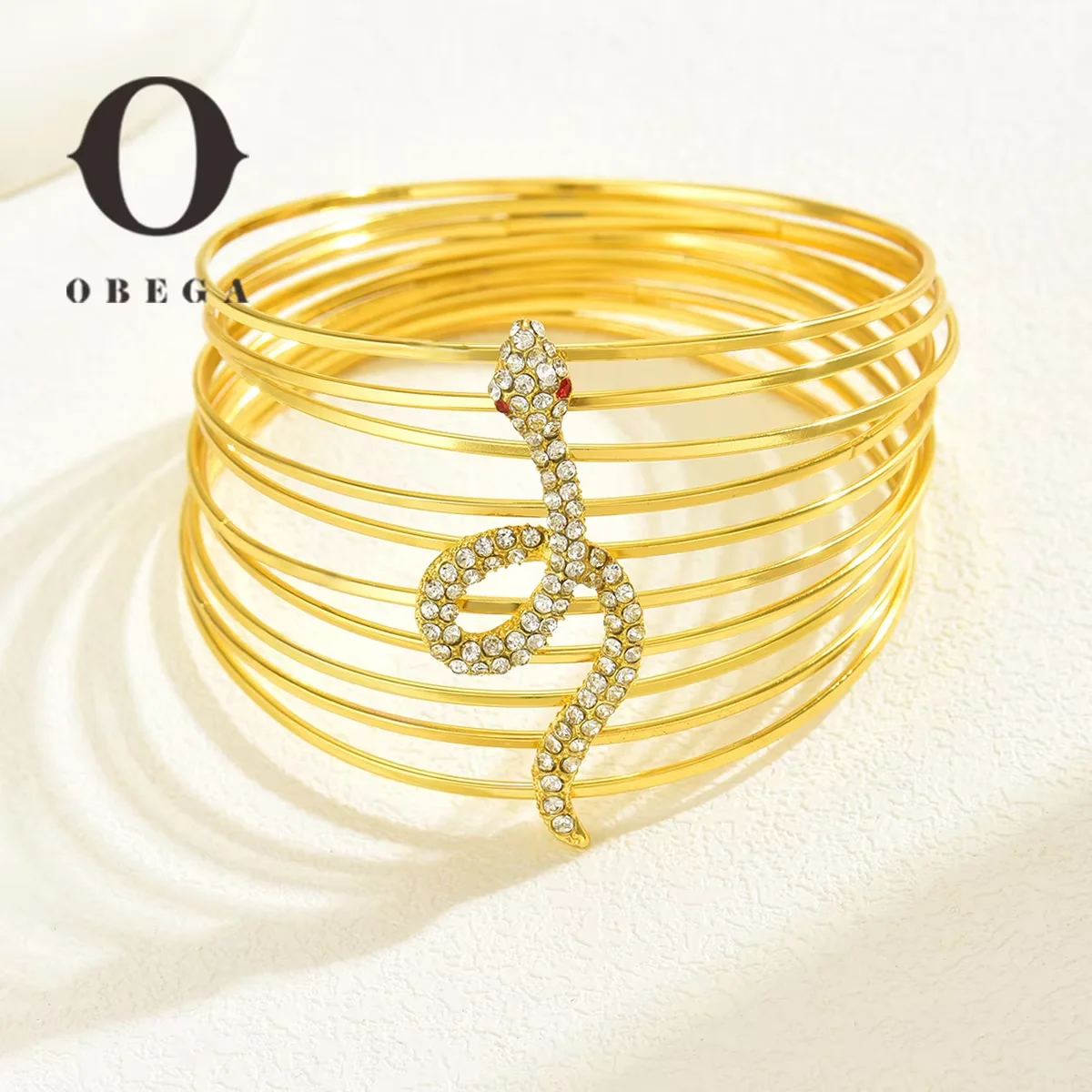 Obega Punk Style Mutilayered Snake Charm Bangle For Women Gold Color Crystal Wide Face Metal Bracelet Personality Simple