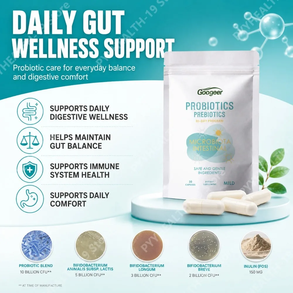 Googeer Probiotic Prebiotic Capsules Bifidobacterium Inulin For Gut Health Microbiota Balance & Immunity Support Adult 30 Count
