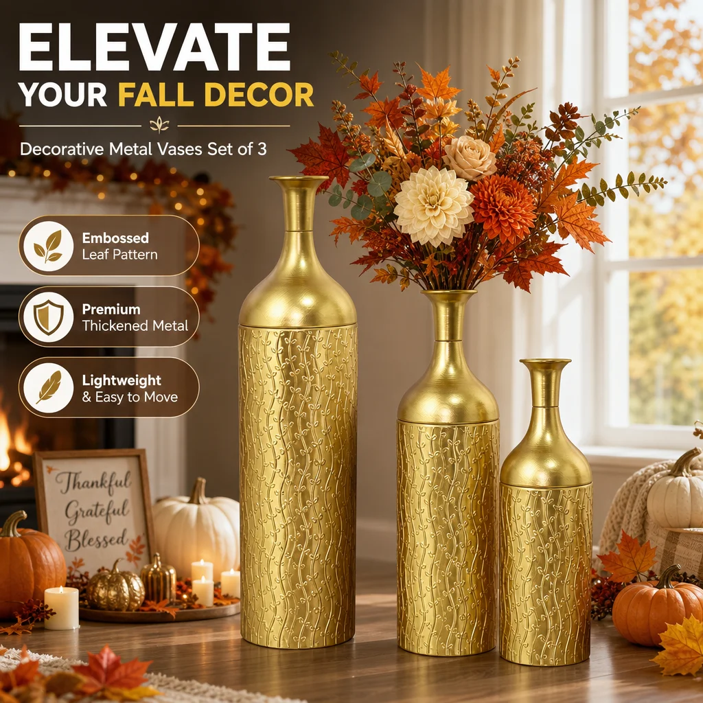 Set of 3 Gold Floor Vases, 24, 28, 32.3 Inches Tall, Gold Leaf Pattern with Glazed Finish, Handcrafted Thick Metal, Lightweight and Safe for Kids & Pets, Modern Rustic Home Decor for Living Room, Entryway, Bedroom, Office, Great Gift Idea