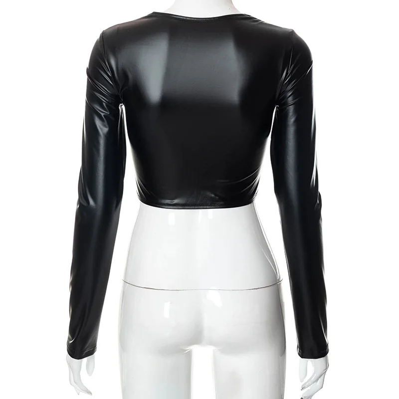 Quadratischer Hals Kunstleder Crop Tops y2k Frauen Langarm Reiß verschluss kurze Jacke schwarz Gothic sexy Mode Motorrad Kleidung