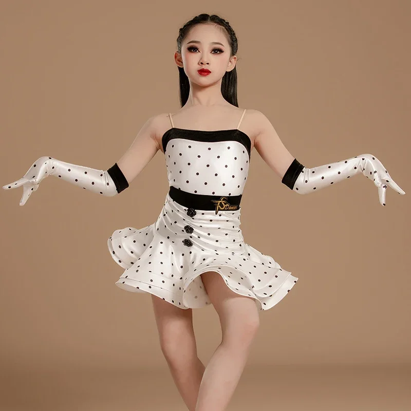 Vestido de ponto branco luvas terno desempenho traje cha cha vestido de dança latina vestido de competição meninas roupas de dança latina