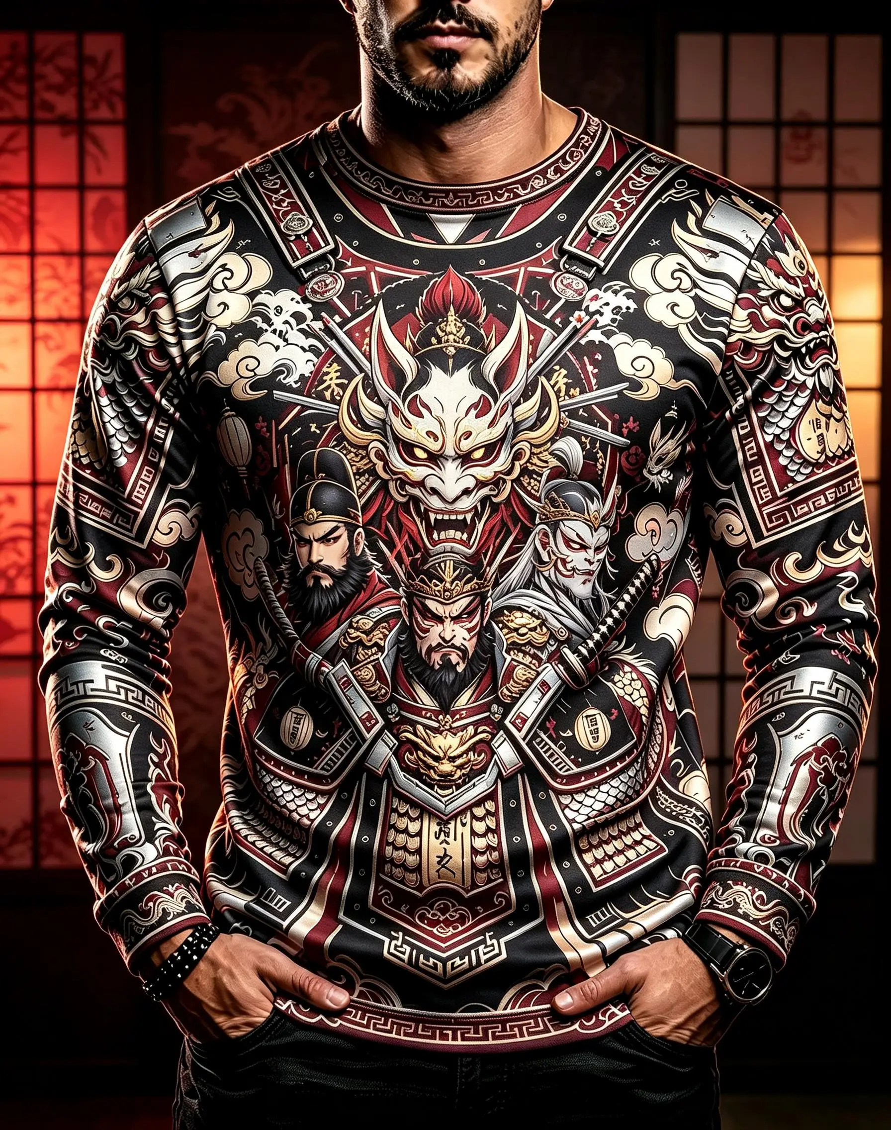 Men Fashion Long Sleeve T-shirt, Olive Base Samurai Warrior Mask Wave Print Casual Autumn Street Tee