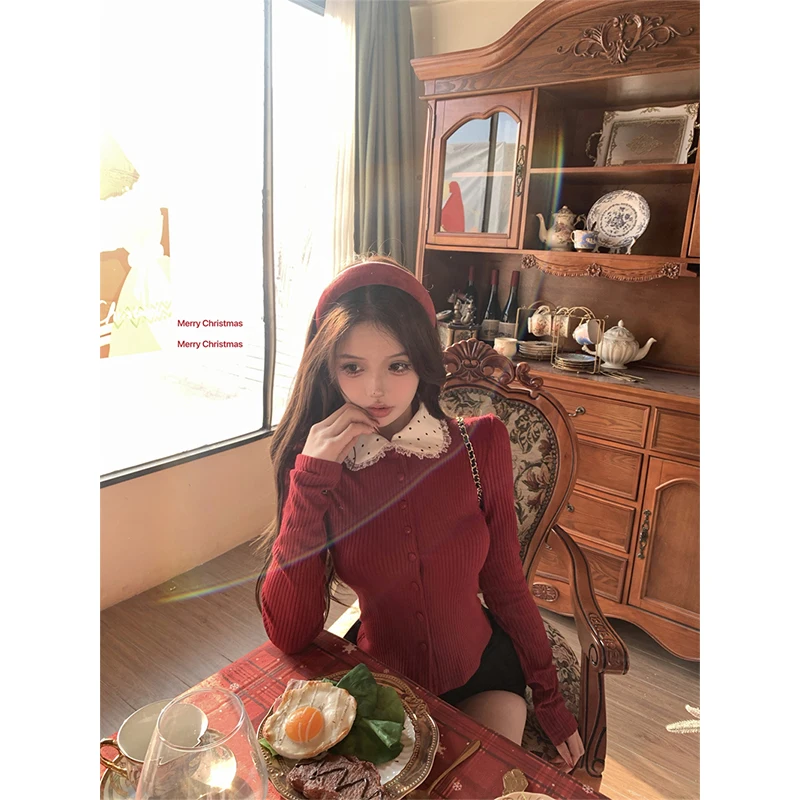 MEXZT Vintage Red Knitted Cardigan Women Christmas Cropped Polka Dots Sweater Outerwears Kawaii Knitwear Winter Korean Jumpers