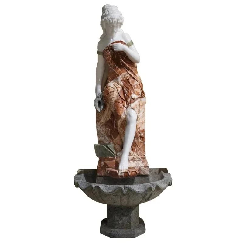 

Outdoor garden decoration hand-carved mixed-color marble lady statue fountain
