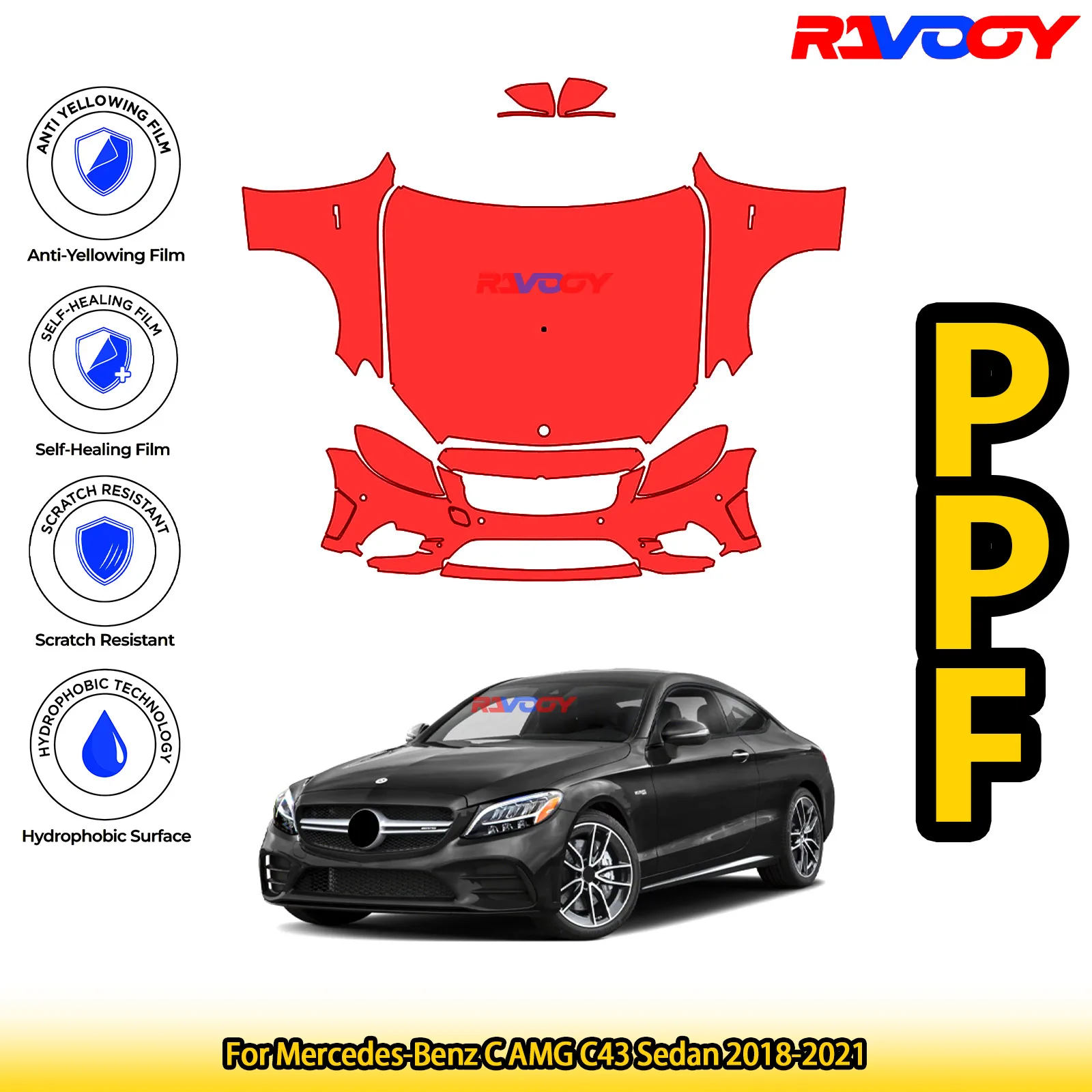 

For Mercedes-Benz C AMG C43 Sedan 2018-2021 Glossy Matte Black Precut front PPF Kit Paint Protection Film