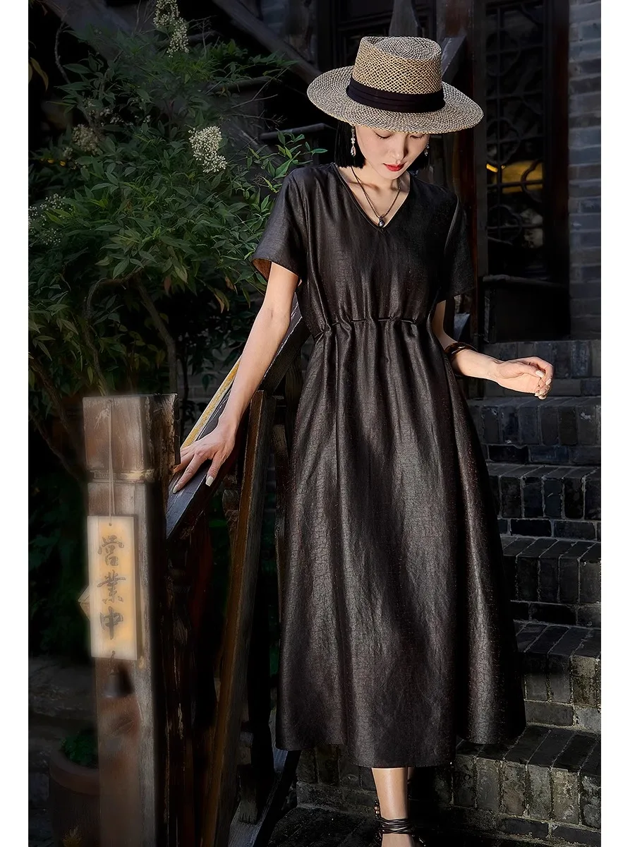 Women's Fashion Early Autumn New 100% Natural Mulberry Silk Gambiered Guangdong Gauze Turtles Cracked V-neck Short Sleeved Dress