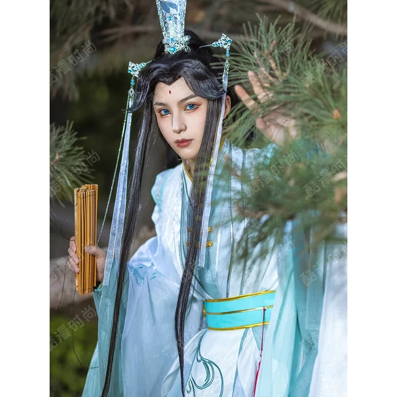 Dibujos animados Tian Guan Ci Fu Shi Qingxuan hombre versión Cosplay disfraz antiguo Hanfu traje pelucas zapatos ventilador Prop para Halloween