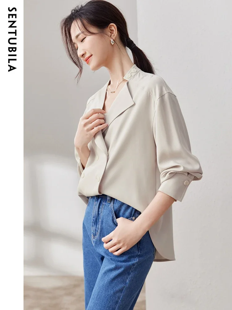 SENTUBILA Double Breasted Blazer Women 2024 Autumn Loose Fit Shacket Chic And Elegant Woman Long Sleeve Shirt Jacket 143W58096X