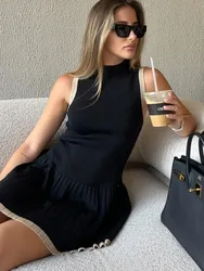 Articat Elegant Sleeveless Knitted Sweater Dress Women Elastic Slim Short Skirt Pleated Female Summer 2024 New Vacation Vestidos