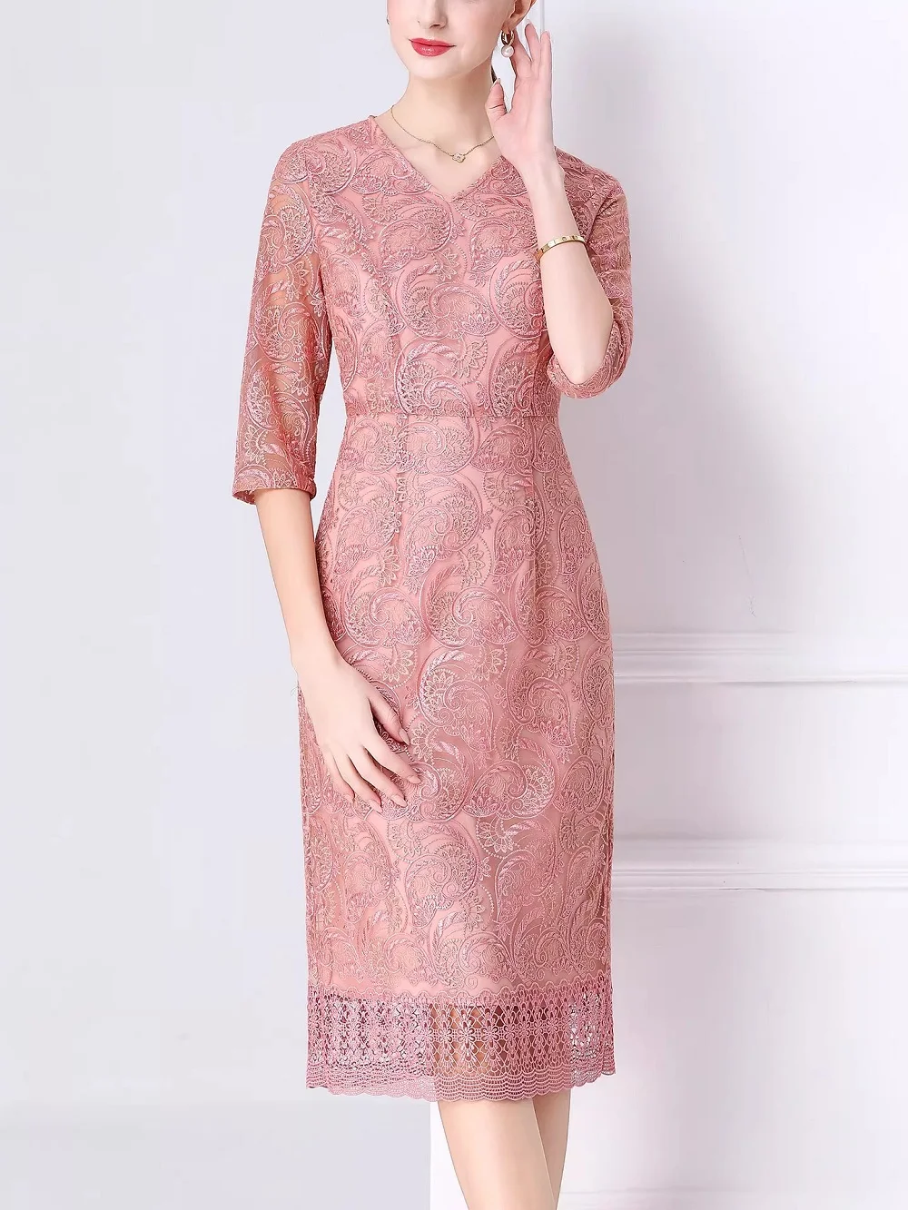 3XL Bodycon Dress 2026 Spring Summer Cocktail Party Women Sexy V-Neck Allover Flower Embroidery Half Sleeve Midi Sheath Dress