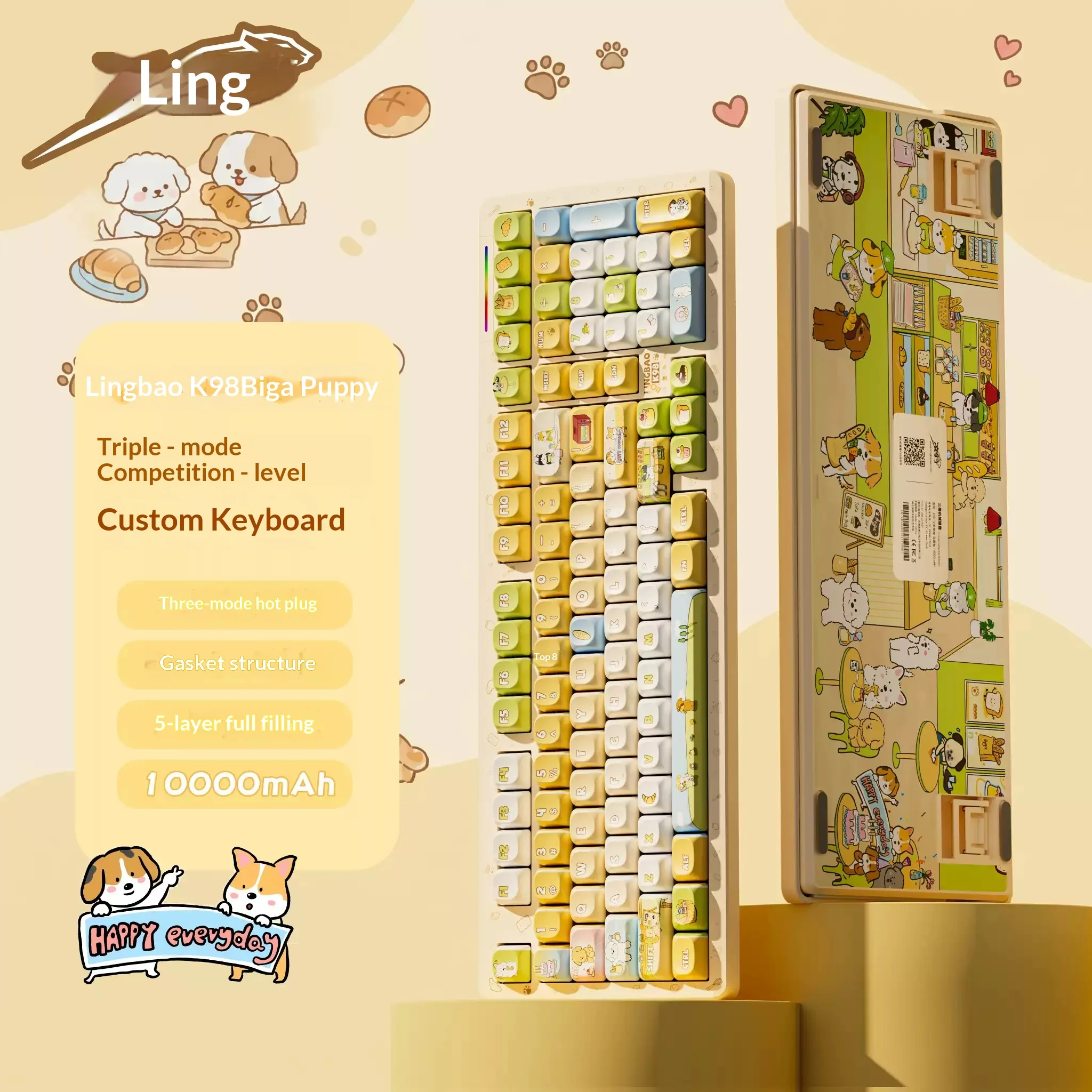 Lingbao K98 Mechanical Keyboard Tri Mode Hot Swap Gasket Wireless Keyboard Five-layer pile is fully filled 10000mAh battery Pc
