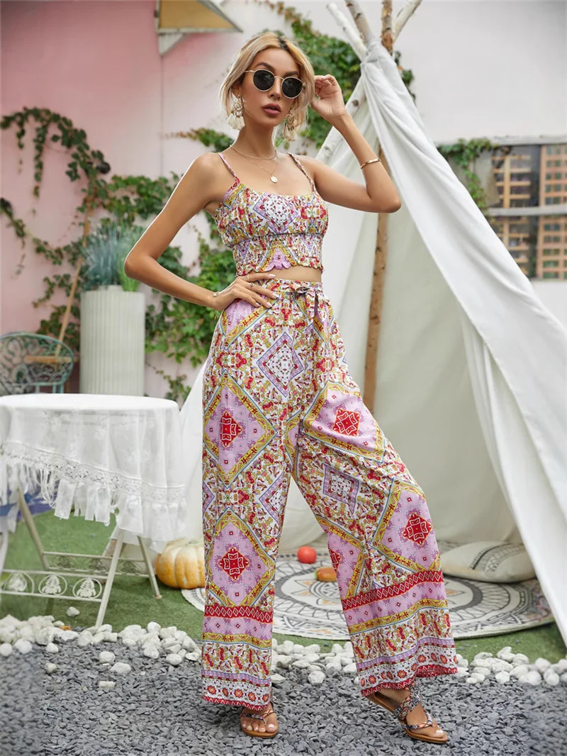 Printed Strap Vest Wide Leg Pants 2 Piece Set Women Slim Sleeveless Backless Crop Top Summer Woman Long Straight Trousers