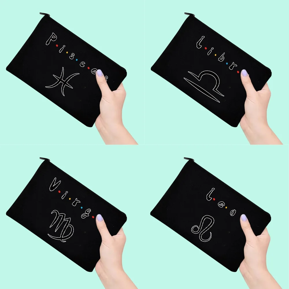 Black Cosmetic Bag Simple Constellation Printing Pencil Dustproof Handbags Storage Cosmetics Stationery Sundries Perfect Size