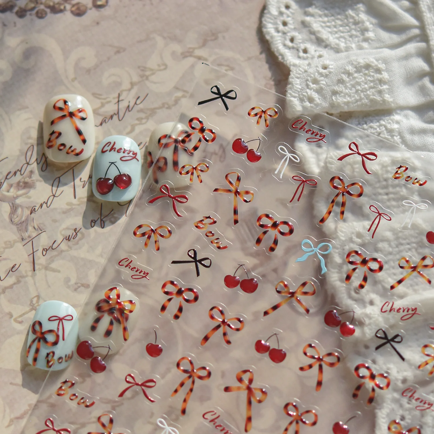 Jelly Cherry Leopard Print Bowknot Charm Ribbon Polka Dot Charm Flower Star Bow Tie Love Heart Delicate Nail Art Stickers Decals