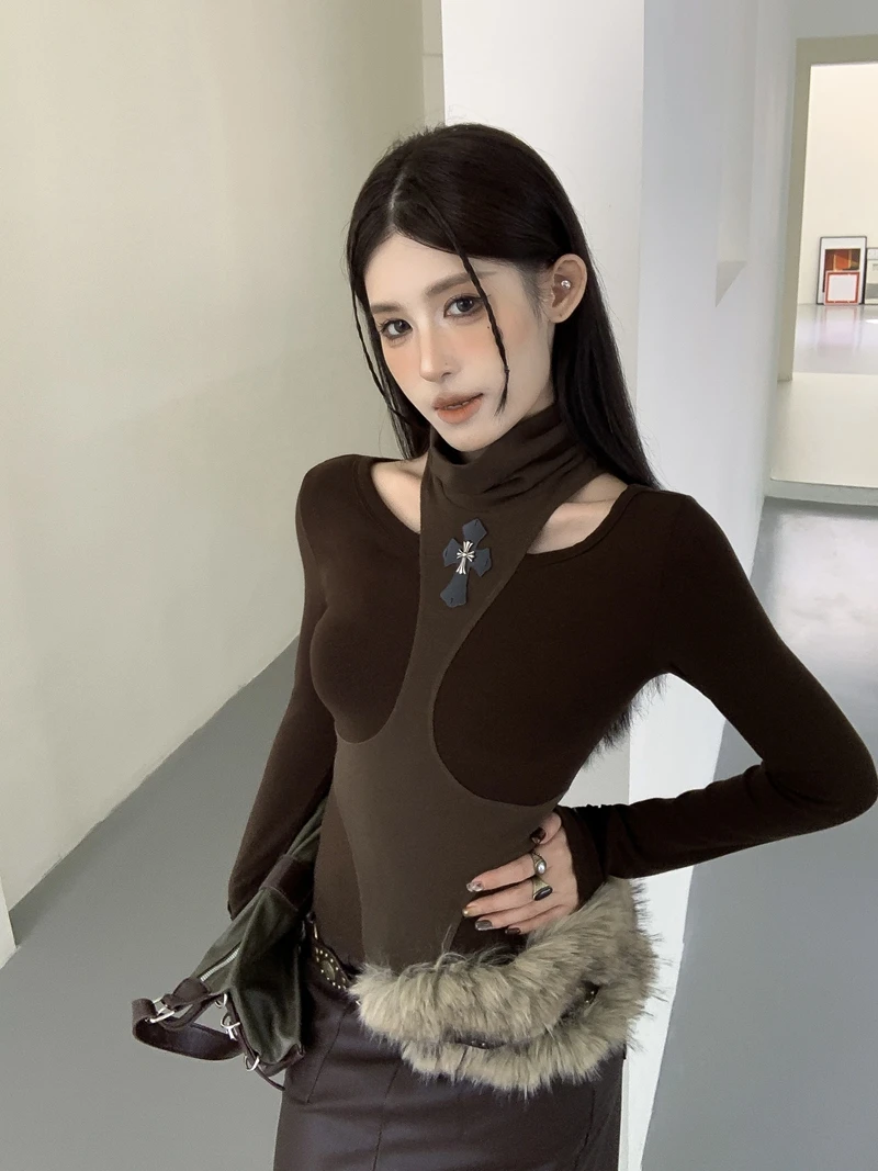 Camiseta de cuello alto con diseño hueco Choco Girl Meller Coffee para mujer, estilo vintage coreano de manga larga para primavera