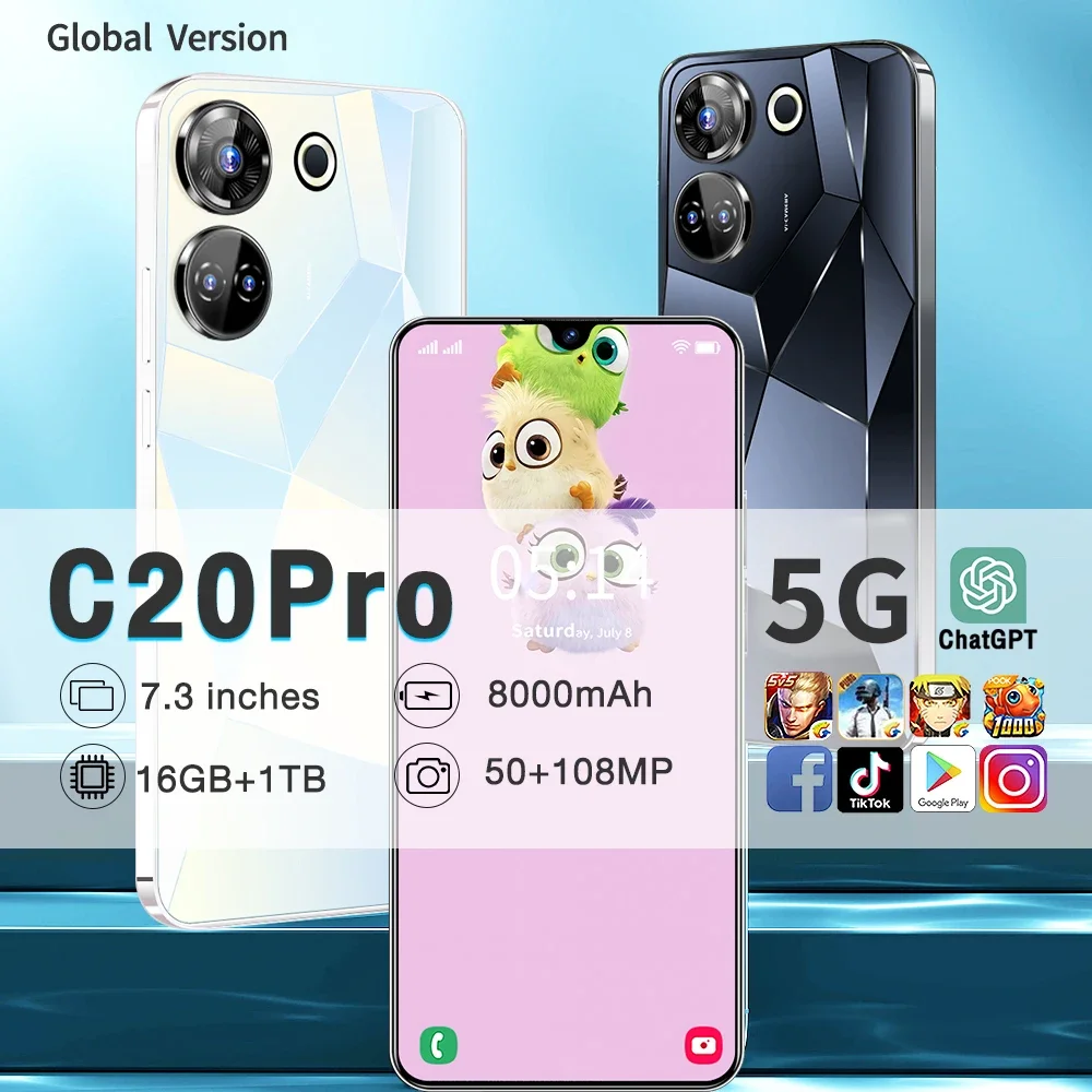 Cellphones C20 Pro Smartphone 4G 5G Original 7.3 HD Screen 108MP Dual Sim Smart Mobile Phones Android13 Face Unlocked Cell Phone