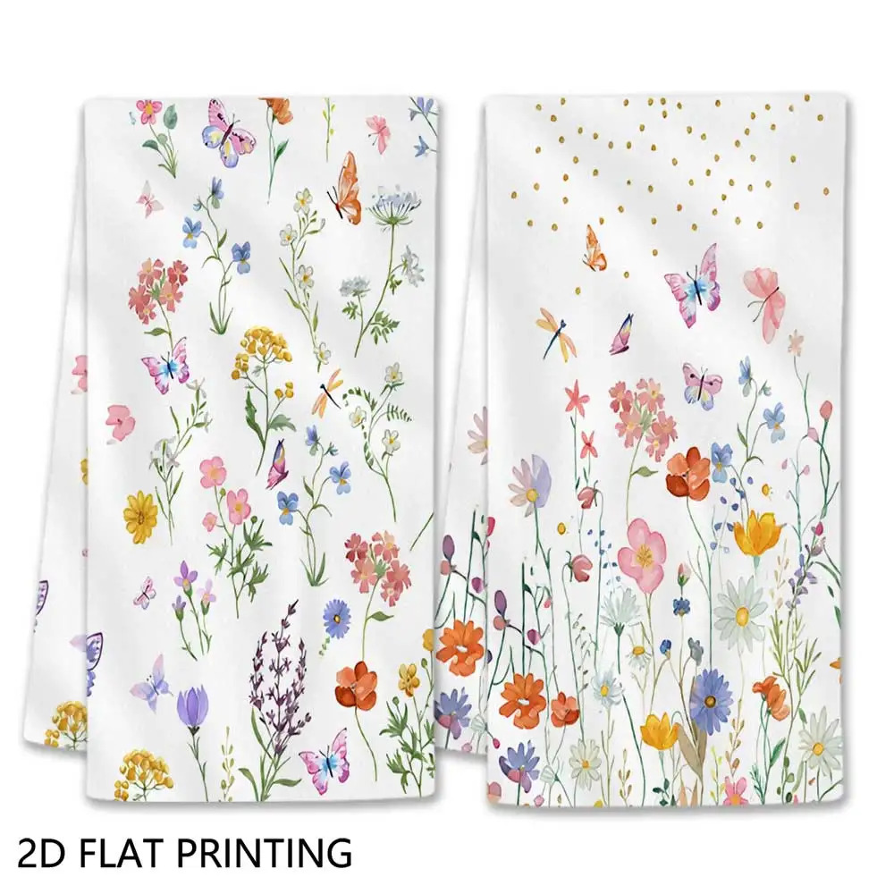Jit 2pcs Spring Wildflower Butterfly Pattern Dish Towels For Nature Enthusiasts Kitchen Decor