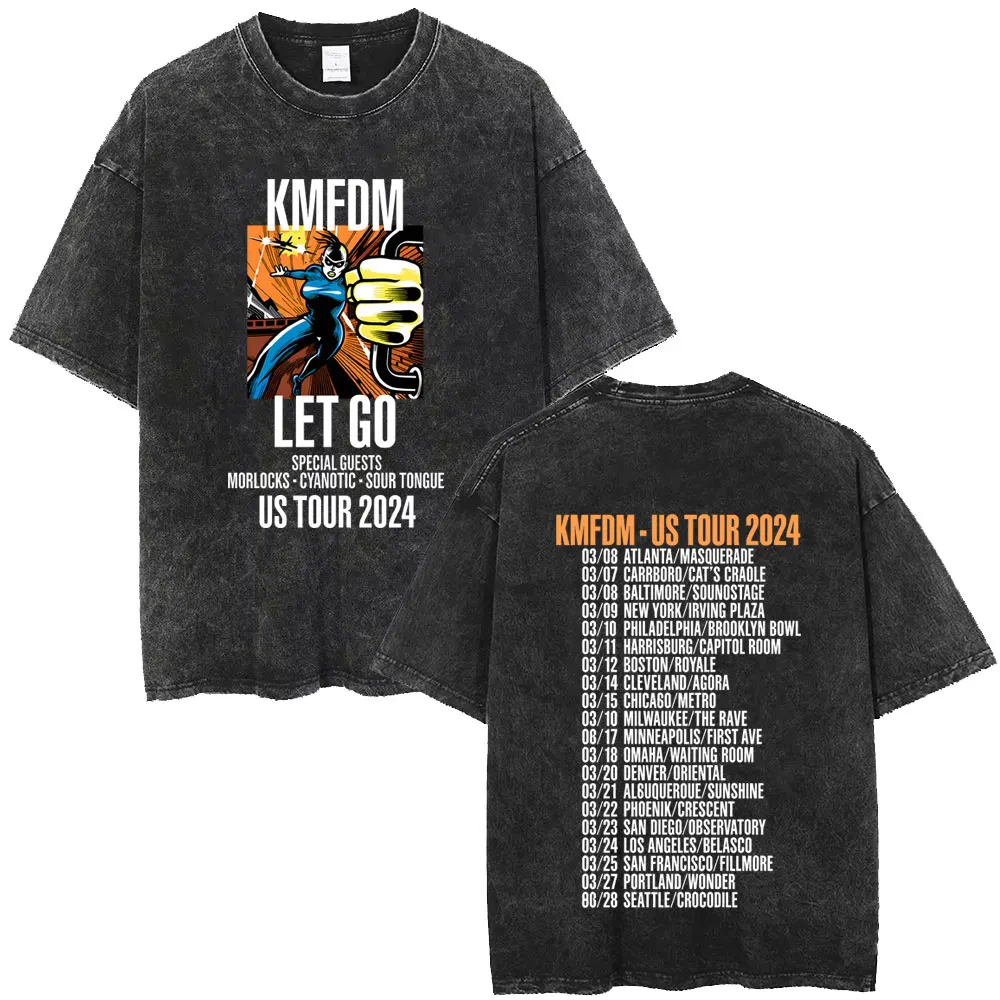 Washed Vintage Rock Band Kmfdm Let Go Tour 2024 T Shirt Men Women Retro Gothic Punk T-shirt Men's Casual Cotton Oversized Tshirt
