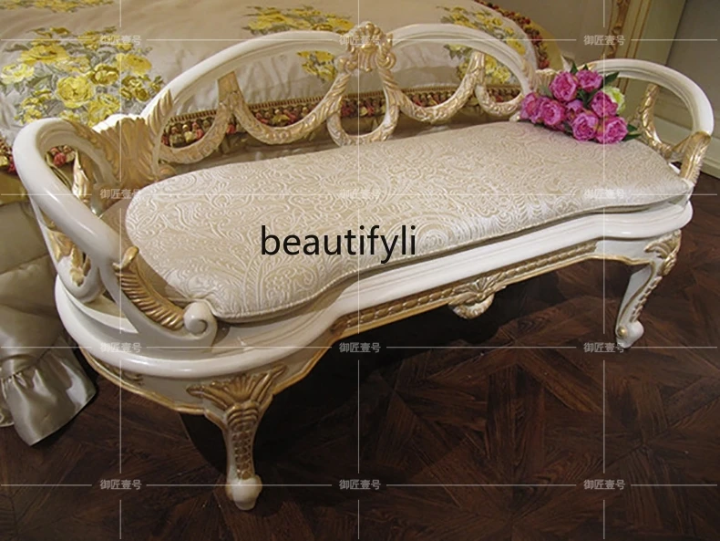 

European-style bedroom furniture, solid wood hand-carved fabric, bedside stool, bedroom sofa