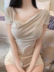 Sexy Cowl Neck Slim Fit T-shirts Womens 2026 Short Sleeve Streetwear Female T Shirts Summer Solid Ladies Top Tees