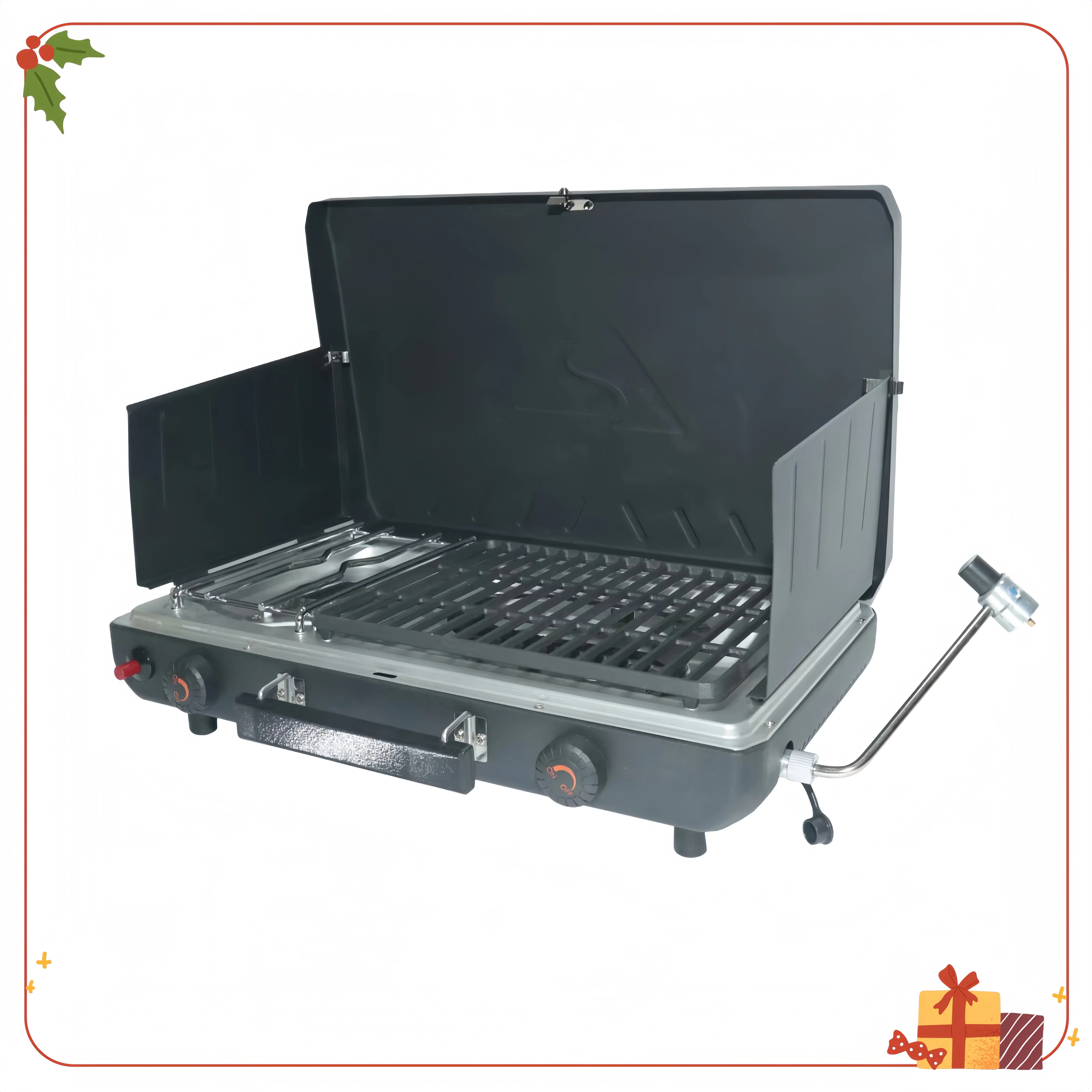 

2 Burner Portable Propane Camp Stove and Grill, 2-in-1 Black Outdoor Cooker for Camping, Tailgating, Picnic, Tabletop