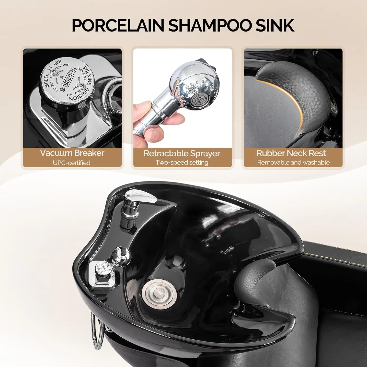 Salon Shampoo Bowl and Chair, Shampoo Chair Extra Wide Seat & Porcelain Hair Washing Sink, Shampoo Unit for Beauty Spa