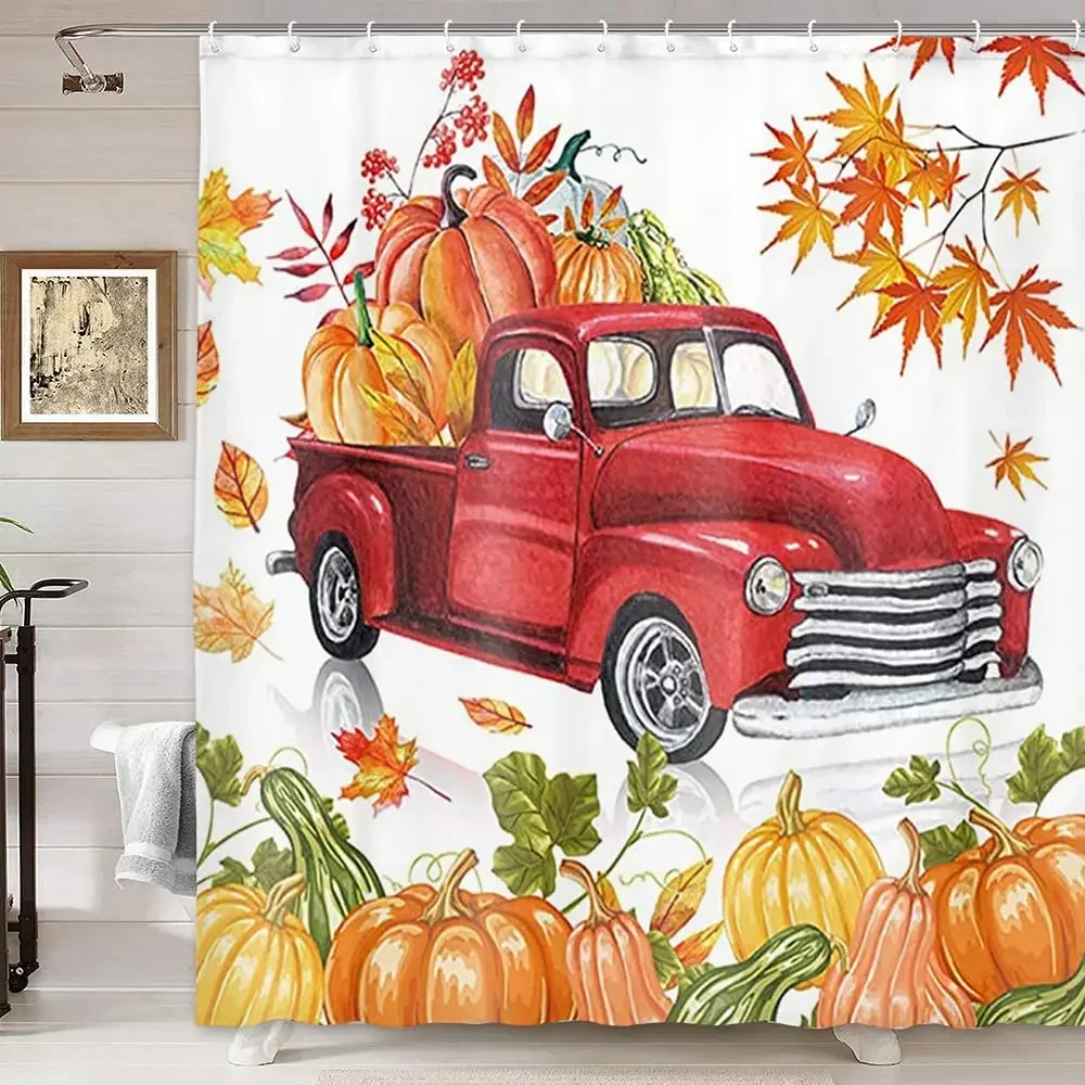 Fall Shower Curtain Farm Red Truck Watercolor Orange Pumpkin Plant Maple Leaf Harvest Festival Bathroom Decor Polyester Cloth