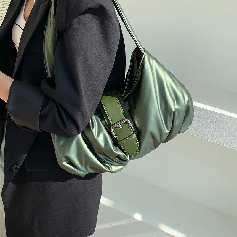 2025 Korean Style Buckle Foldable Space Cotton Shoulder Bag Women New Fashion Pleated Soft Handbag High-end Underarm Bags Wallet