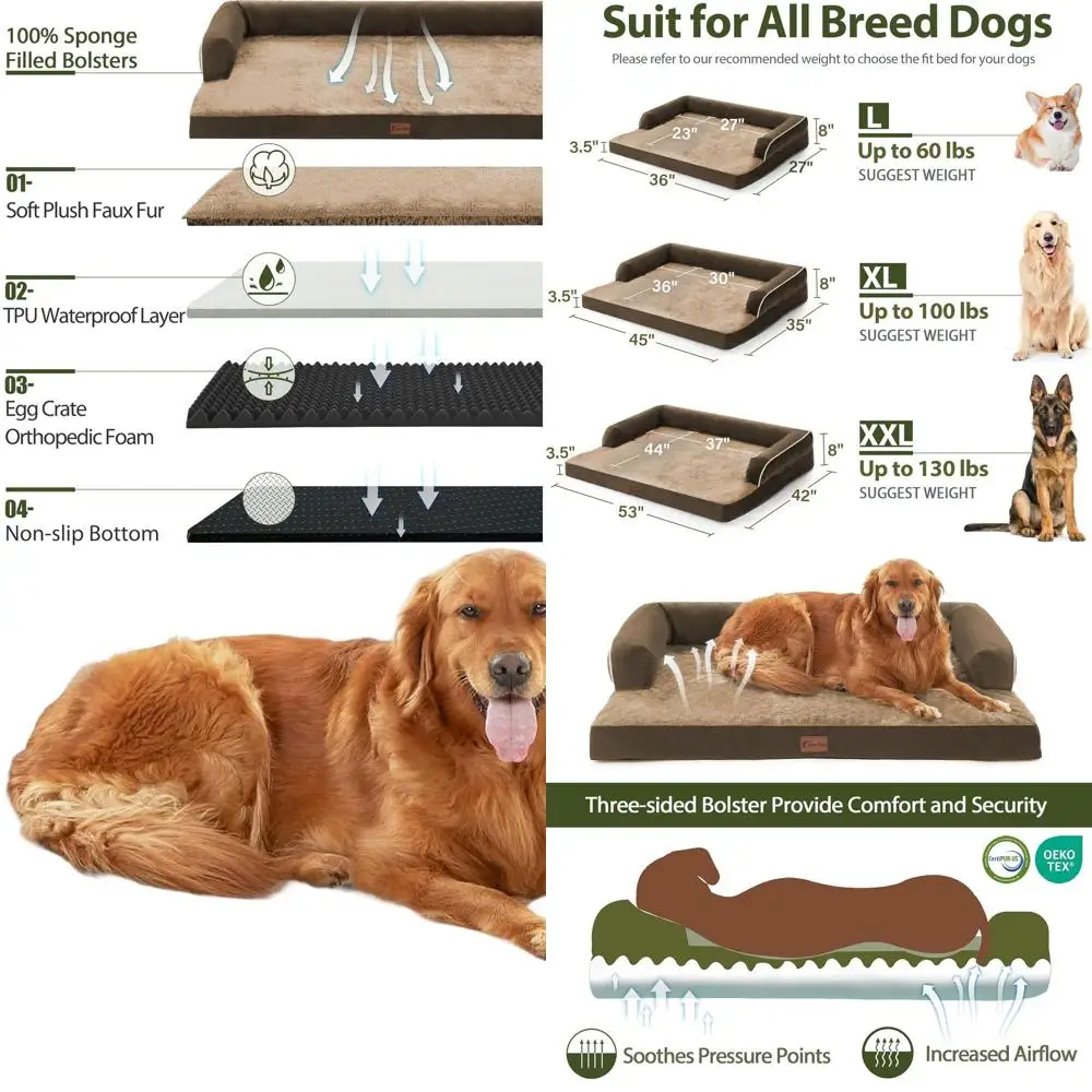 

XL Waterproof Orthopedic Dog Bed with Removable Cover & Non-Slip Base for Large Dogs, 45x35 Inches, Brown