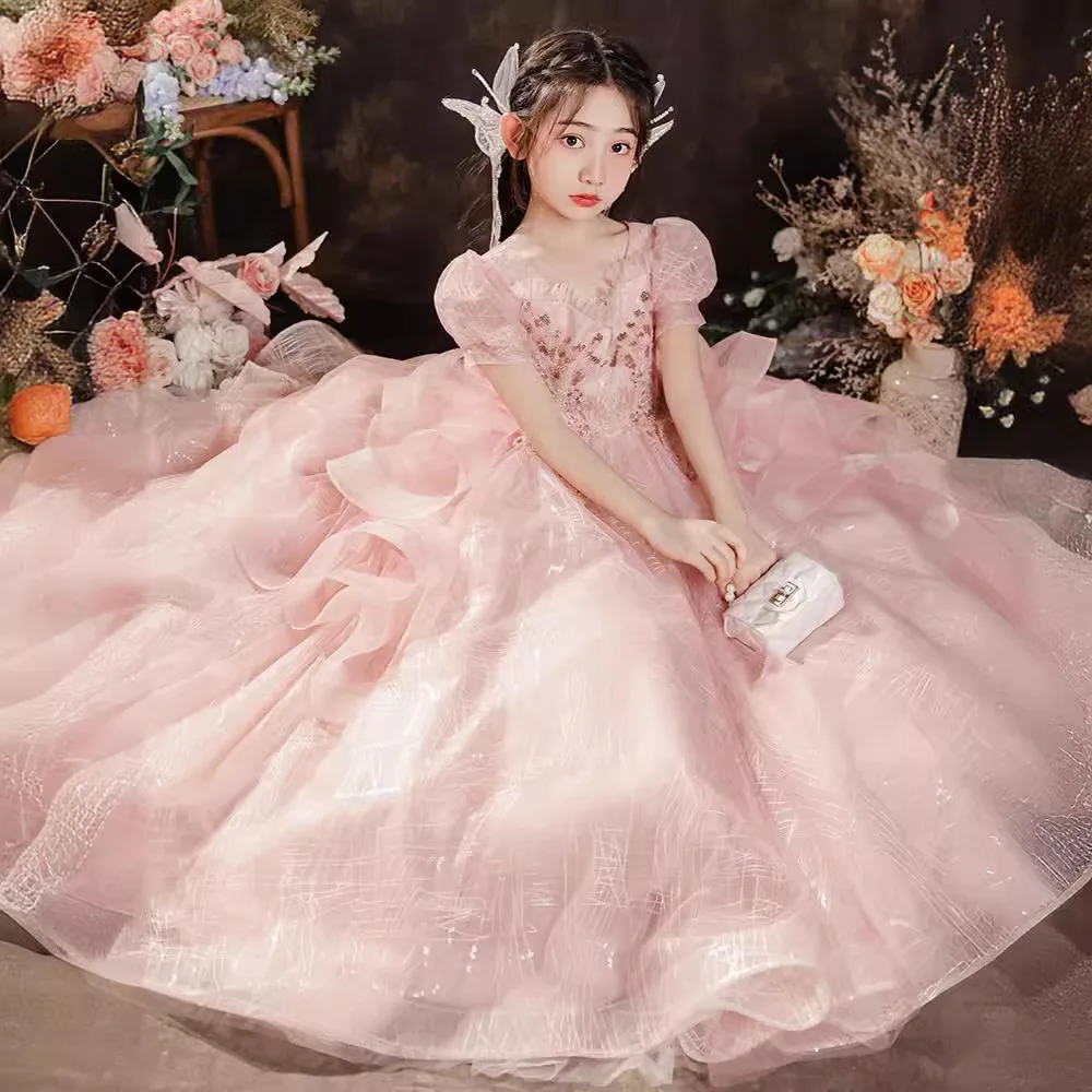 2025 New Fashion Pink Dresses Children's Day Host Formal Costumes Elegant Girls Birthday Banquet High-end Princess Dress