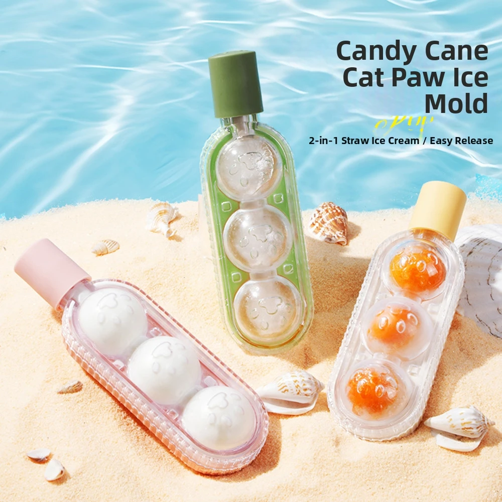Mini Built-in Straw Ice Cube Mold Cat Paw Candied Hawthorn Ice Cream Mold Reusable Frozen Popsicle Ice Cream Maker DIY