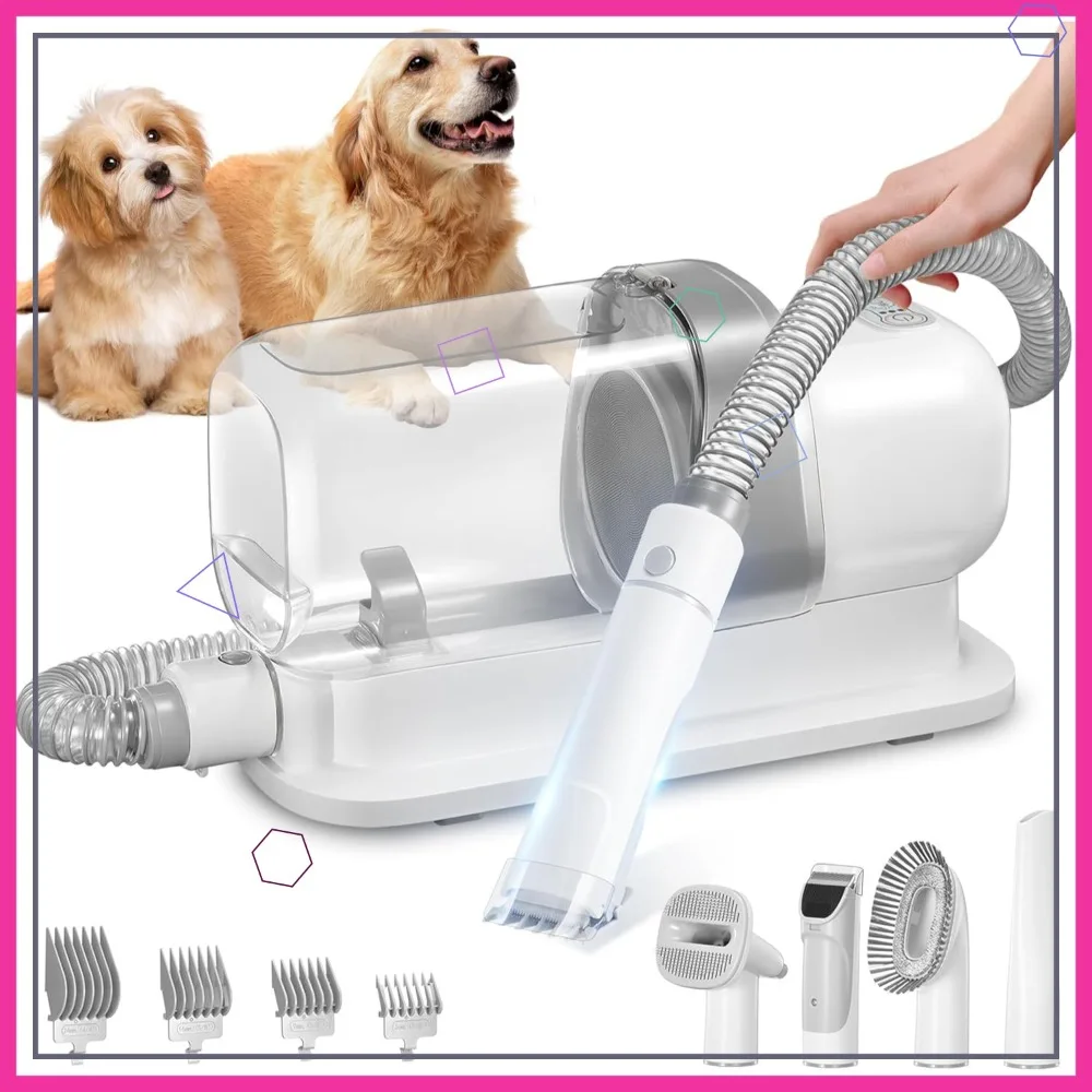 Pet Grooming Vacuum Kit 2.3L Suction 99% Hair Capture with 5 Tools Low Noise for Dogs Cats (Grey & White)