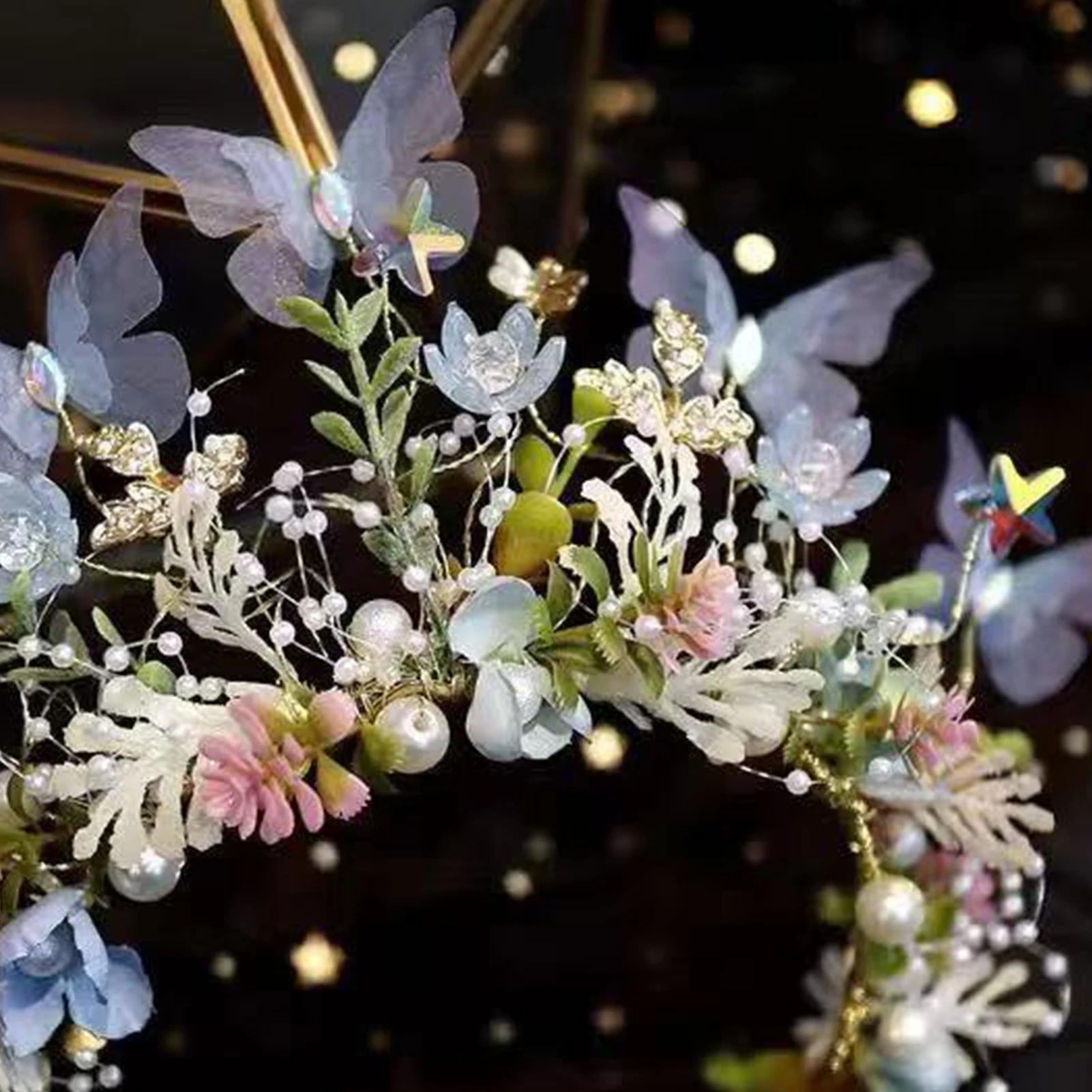 Boho Exquisite Blumenkrone Luxuriöser Schmetterling-Perlen-Blumengirlande Kopfschmuck Mädchen Fotografie-Requisiten Trendiges Haaraccessoire – Detail 2