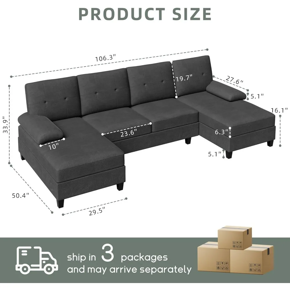 Living room combination sofa, U-shaped love sofa, 4 seat living room furniture set, upholstered and linen fabric, black